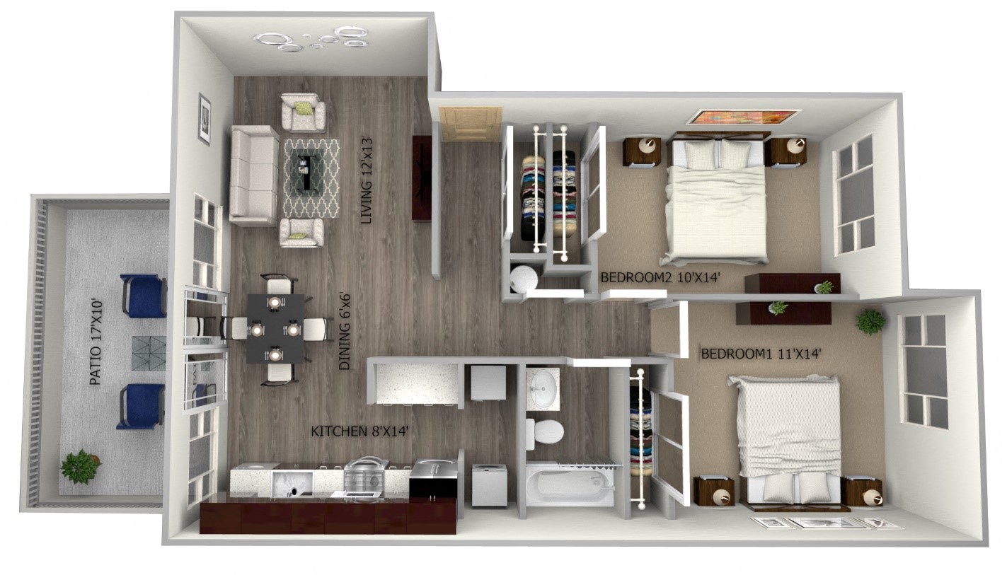 Floor plan for 2 beds, 1 bath, 910 sqft
